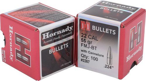 Hornady Bullets 22 Cal .224 (Option: 55Gr Fmj-Bt 100Ct 40Bx/Cs)