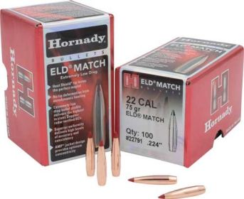 Hornady Bullets 22Cal .224 (Option: 75Gr Eld-M Match 100Ct 25Bx/Cs)