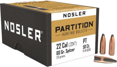 Nosler Bullets 22 Cal .224 (Option: 60Gr Partition 50Ct)